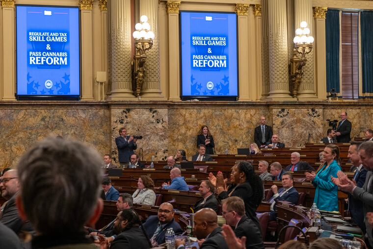 Screen shows skill games and cannabis regulation and reform as Gov. Josh Shapiro makes his annual budget proposal in the state House chamber in Harrisburg Tuesday, Feb. 3, 2026.