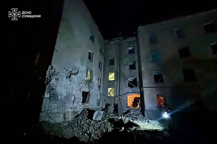 In this photo provided by the Ukrainian Emergency Service, a residential building is damaged following a Russian air attack in Sumy, Ukraine, Thursday, Aug. 6, 2026.