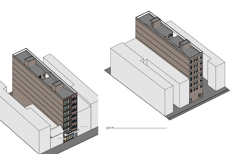 Renderings of the proposed 24-unit apartment building, in the context of its surroundings on Spruce Street in Philadelphia.