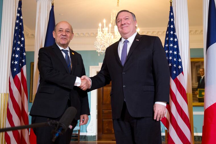 Secretary of State Mike Pompeo, right, meets with French Foreign Minister Jean-Yves Le Drian, left, at the U.S. State Department in Washington, Thursday, April 4, 2019. Pompeo's nomination for the “2019 Foley American Hostage Freedom Award" was announced, then withdrawn, this week.