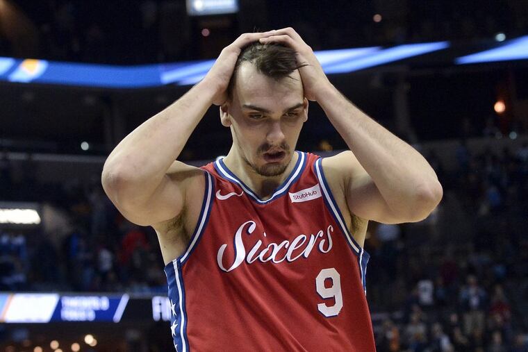 Philadelphia 76ers forward Dario Saric (9) reacts after an NBA basketball game against the Memphis Grizzlies, Monday, Jan. 22, 2018, in Memphis, Tenn.