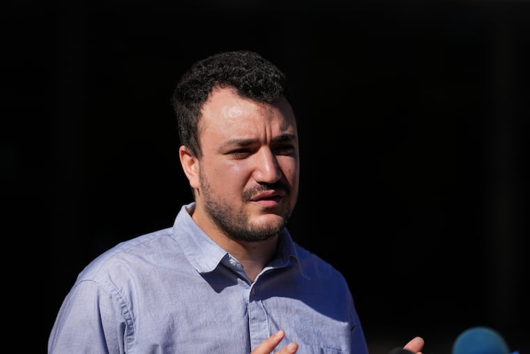 FILE - Palestinian activist Mahmoud Khalil holds a news conference outside Federal Court on Tuesday, Oct. 21, 2025 in Philadelphia.