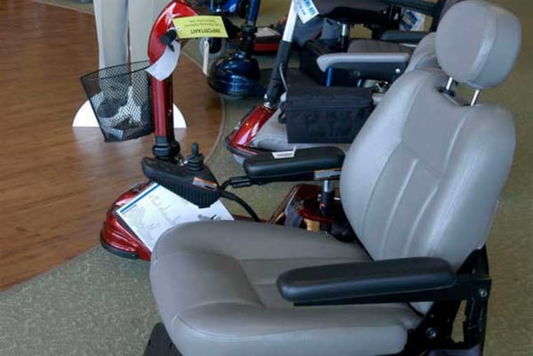 Motorized chairs at a Scooter Store in Houston. Search warrants were served at its headquarters outside San Antonio and other sites.