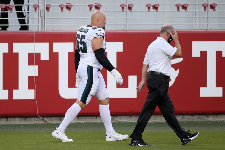 Lane Johnson goes to the locker room during the Eagles' Oct. 4 victory at San Francisco to get a numbing shot for his left ankle.
