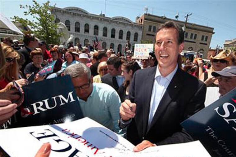 Rick Santorum works the crowd after announcing he is entering the Republican presidential race at the Somerset County Courthouse in Somerset, Pa., Monday, June 6, 2011. (AP Photo / Gene J. Puskar)
