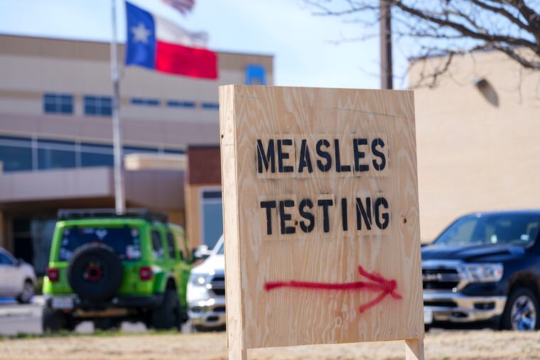 A sign outside of Seminole Hospital District offering measles testing in Seminole, Texas, on Feb. 21, 2025.
