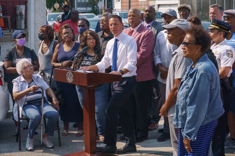 Attorney General Josh Shapiro speaks during a news conference on the 5400 block of Addison Street in Philadelphia on Sept. 13, 2021.