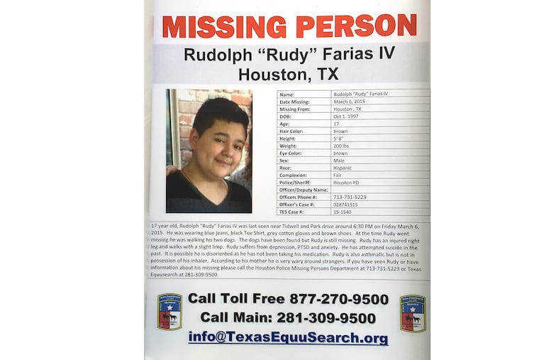 A missing poster for Rudolph "Rudy" Farias IV is shown during the Missing Person Day event at City Hall in 2016 in Houston. Farias, who went missing as a teenager in 2015 after last being seen walking his dogs in Houston has been found alive, his family and police said.