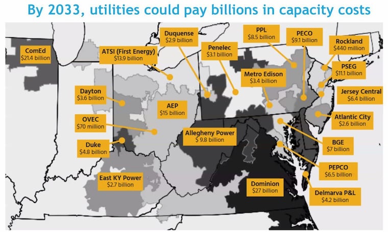 Map produced by The National Resources Defense Council estimates electricity capacity costs to utility companies based on PJM forecasts through 2032.