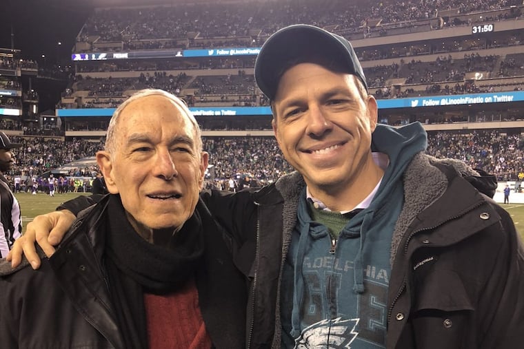 Jake Tapper celebrates the Eagles win with his dad, Dr. Theodore Tapper, a Philadelphia pediatrician