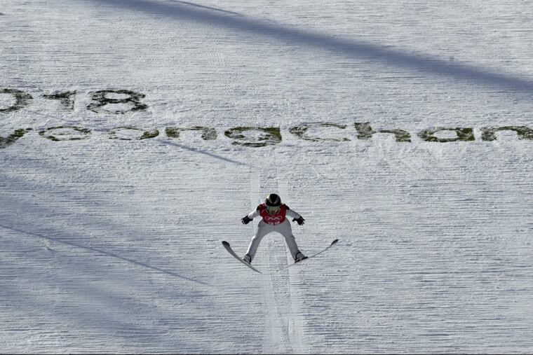 Austria’s Clemens Aigner practices for the men’s ski jumping competition in the 2018 Winter Olympics at the Alpensia Ski Jumping Center in Pyeongchang, South Korea.