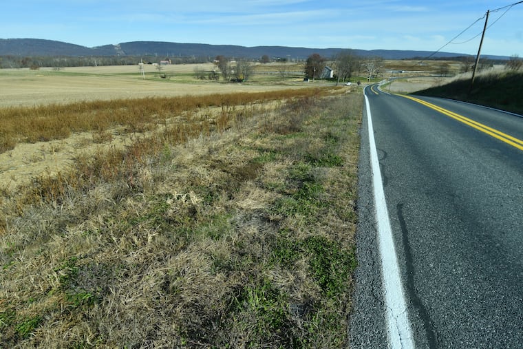 This stretch of land between the Conodoguinet Creek and Country Club Road near Carlisle, Pennsylvania, is in the planning stages to become a $15 billion data center complex, Friday Nov. 14, 2025, in Carlisle, Pa. (AP Photo/Marc Levy)
