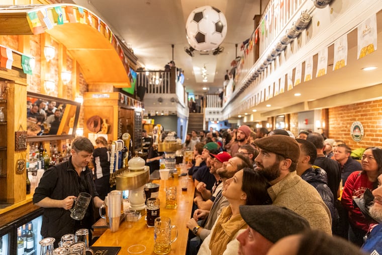Many gather to drink, eat, and watch the World Cup game with USA vs Netherlands at Brauhaus Schmitz bar in Philadelphia, Pa., on Saturday Dec. 3, 2022.