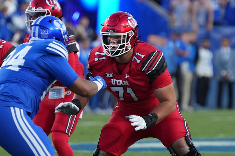 Utah offensive lineman Caleb Lomu (71) could be of assistance for an Eagles trench group that took a step back in 2025.