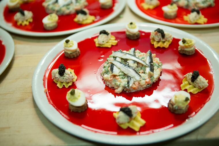 Salade a la russe was one element of the 17-course meal served in 1851 by James Wood Parkinson during the Thousand Dollar Dinner. This version was prepared for a 2016 take on the dinner, held at Osteria.