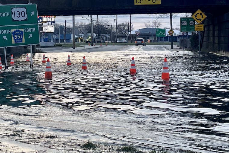 The Brooklawn Circle at 7 a.m. on Friday, March 15. Local business owners and residents say flooding often forces the closure of the circle. Water tends to remain in the low-lying portion of the circle under the railroad overpass.