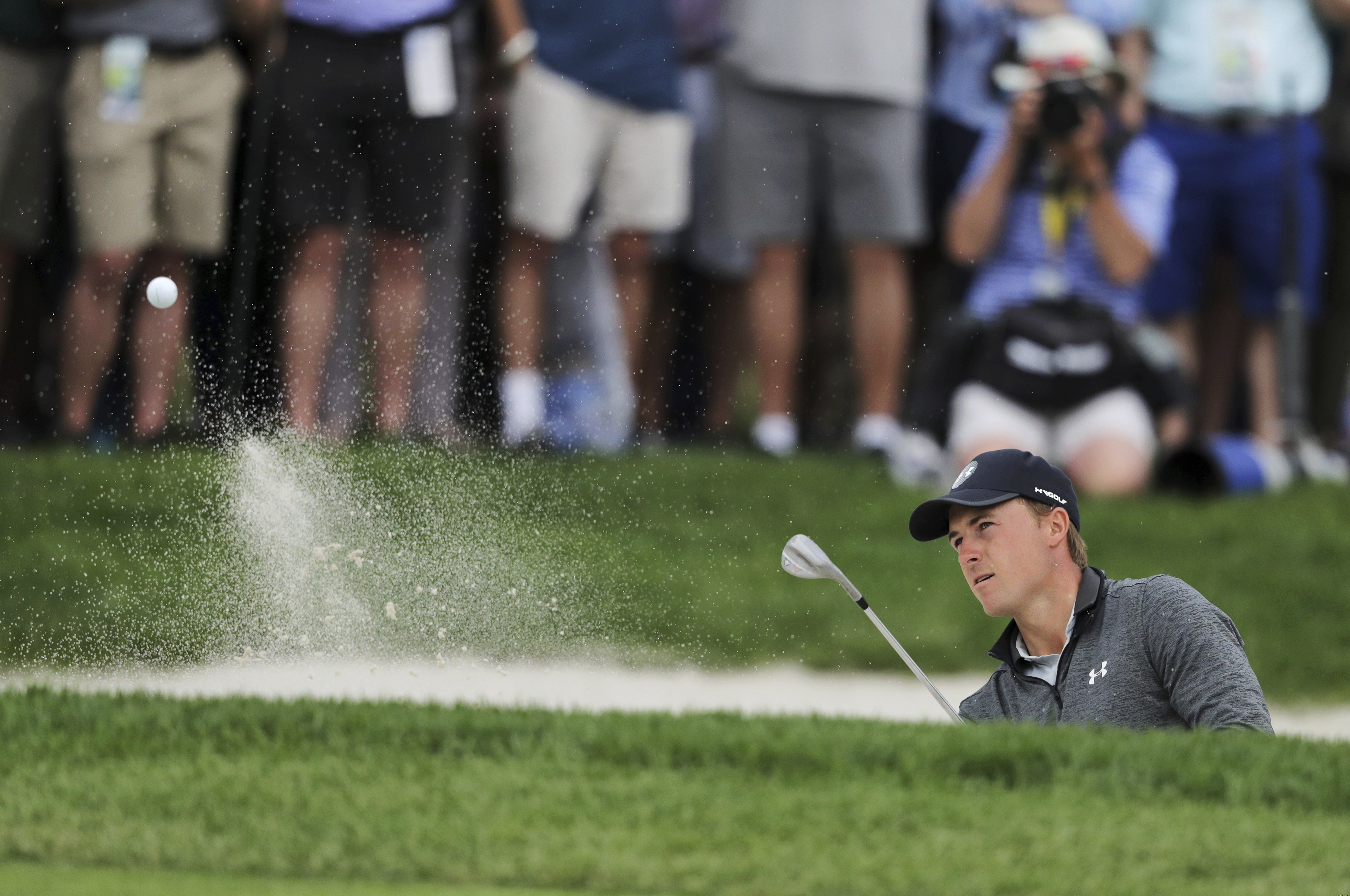 Jordan Spieth hits out of a bunker on the ninth hole during the second round of the PGA Championship golf tournament, Friday, May 17, 2019, at Bethpage Black in Farmingdale, N.Y. (AP Photo/Charles Krupa)