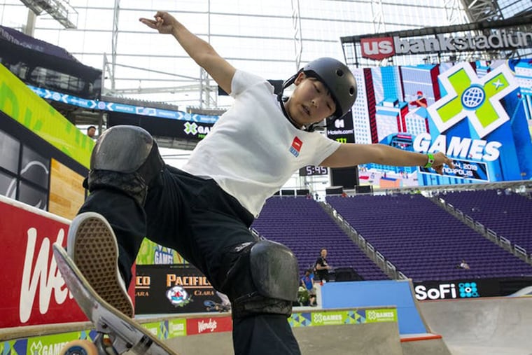 Misugu Okamoto, a 13-year-old from Japan, in the Women's Skateboard Park competition on August 2, 2019, at U.S. Bank Stadium in Minneapolis. (Alex Kormann/Minneapolis Star Tribune/TNS)