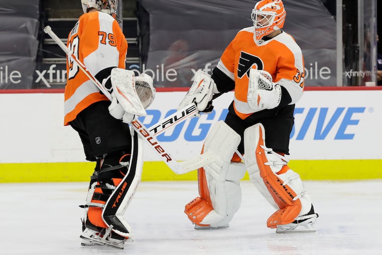 Brian Elliott replaces Carter Hart on Thursday. The two, without much help in front of them, have allowed 17 goals to the Rangers in the last two meetings.