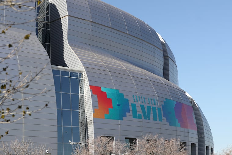The exterior of State Farm Stadium in Glendale, Ariz, where the Eagles will play the Kansas City Chiefs in Super Bowl LVII tonight.
