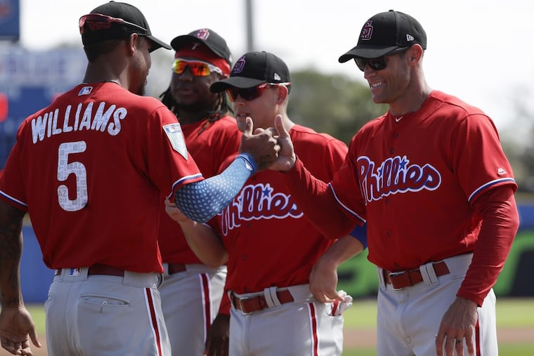 Phillies’ outfielder Nick Williams (left) cleared the air with manager Gabe Kapler (right) after Williams criticized Kapler’s lineup decisions.