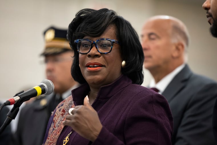 Mayor Cherelle L. Parker speaks during an announcement about the new Kensington Neighborhood Wellness Court and Wellness Support Center at the Philadelphia Police 24th/25th District Building on Tuesday, Jan. 21, 2025 in Philadelphia.