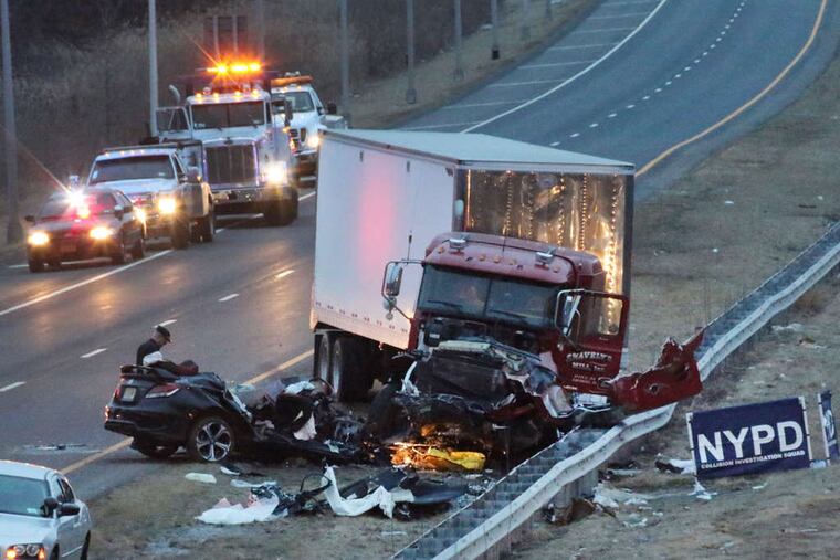 Two Linden, N.J., police officers were injured and a third was killed along with a friend of theirs when they drove the wrong way on a highway in Staten Island, N.Y., early Friday.