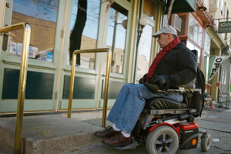 Roberts is unable to enter a restaurant in the 600 block of East Passyunk Avenue in his wheelchair. "I would say 75 to 80 percent of the restaurants in this city I can't get into," he said.