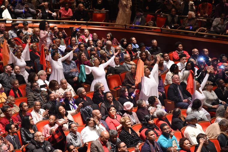 The Soulful Praise Dancers move through the audience at the annual "A Soulful Christmas" gathering of regional choristers performing holiday spirituals and gospel favorites at the Kimmel Center's Verizon Hall in 2018.