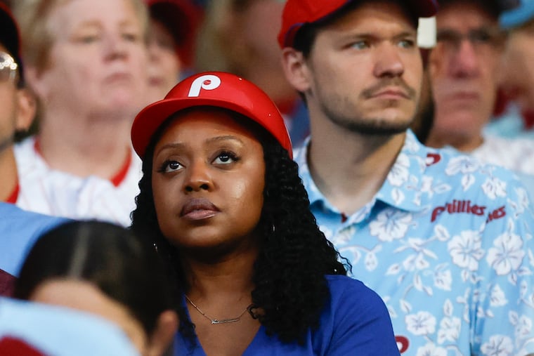 'Abbott Elementary' star Quinta Brunson watches the Phillies play the Atlanta Braves during a taping of the show on Thursday, Aug. 28, in Philadelphia.