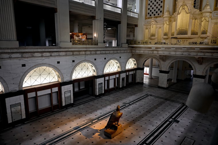 The Eagle and organ in the Wanamaker Building's Grand Court, the home of the holiday light show since 1956.