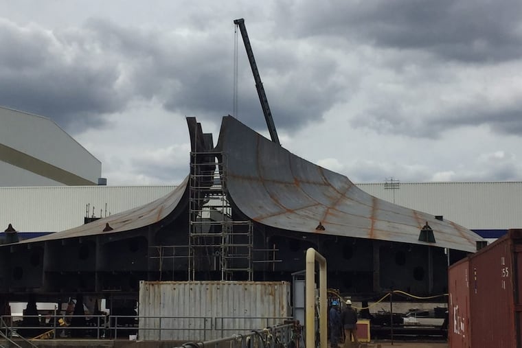 Philly Shipyard is building two container ships for the U.S. West Coast to Hawaii trade route, and announced Thursday it will build four more. This is the stern section of one of the ships being built.