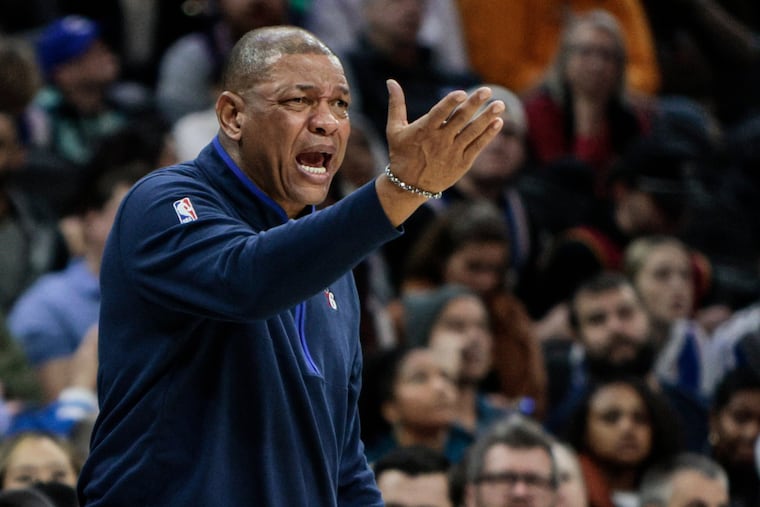 Sixers head coach Doc Rivers unhappy with a call playing the Magic during the 4th quarter at the Wells Fargo Center in Philadelphia, Monday, January 30, 2023. Sixers 7 game winning streak comes to and end at the hands of the Magic 119-109.