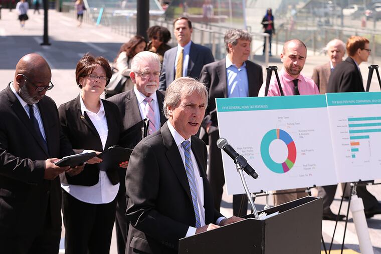 Gerard Sweeney, of Brandywine Realty Trust, says revenue from higher commercial real estate taxes would be used to cut wage and business taxes. DAVID SWANSON / Staff Photographer
