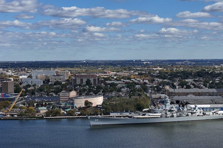 The battleship New Jersey as seen by drone, Wednesday, Oct. 16, 2024, in Philadelphia