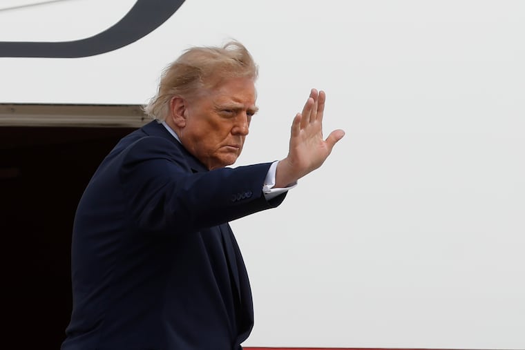 President Donald Trump waves from the stairs of Air Force One upon his departure at Joint Base Andrews, Md., Thursday, Aug. 27, 2026.