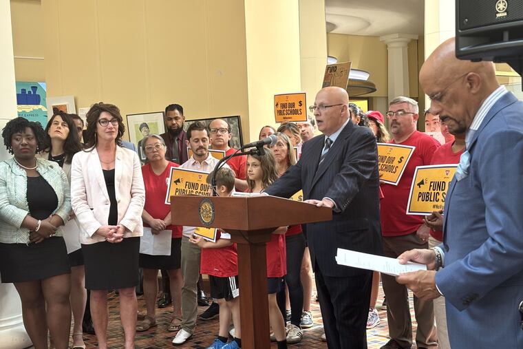 PFT President Arthur G. Steinberg speaks at the state Capitol on Wednesday June 25, 2025 alongside Pennsylvania lawmakers and Philadelphia Federation of Teachers advocates.