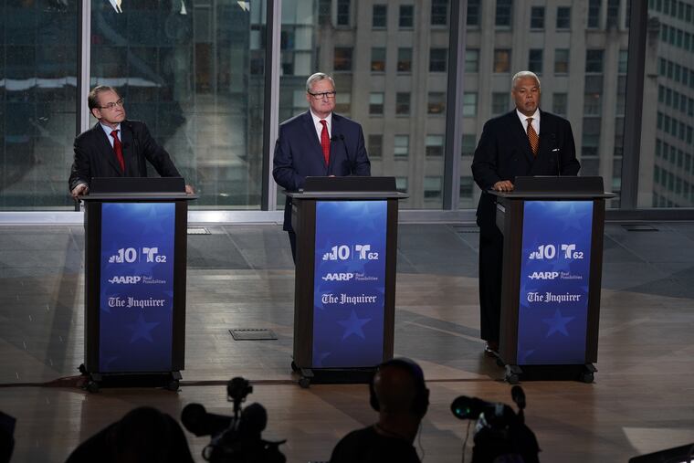 Democratic candidates for mayor Alan Butkovitz, left, Sen. Anthony Hardy Williams, right, and Philadelphia Mayor Jim Kenney, center, participate in a live televised debate, Monday May 13, 2019, at the Comcast Technology Center in Philadelphia. NBC10 Photo/ Joseph Kaczmarek, Pool.