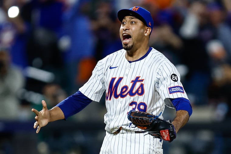 Mets reliever Edwin Díaz reacts after he closed out Game 4 of the NLDS against the Phillies on Oct. 9, 2024.