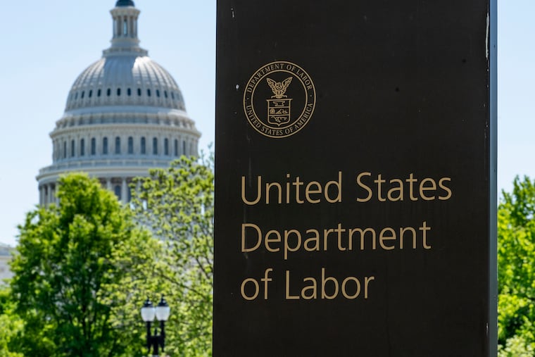 The entrance to the Labor Department is seen near the Capitol in Washington, Thursday, May 7, 2020.