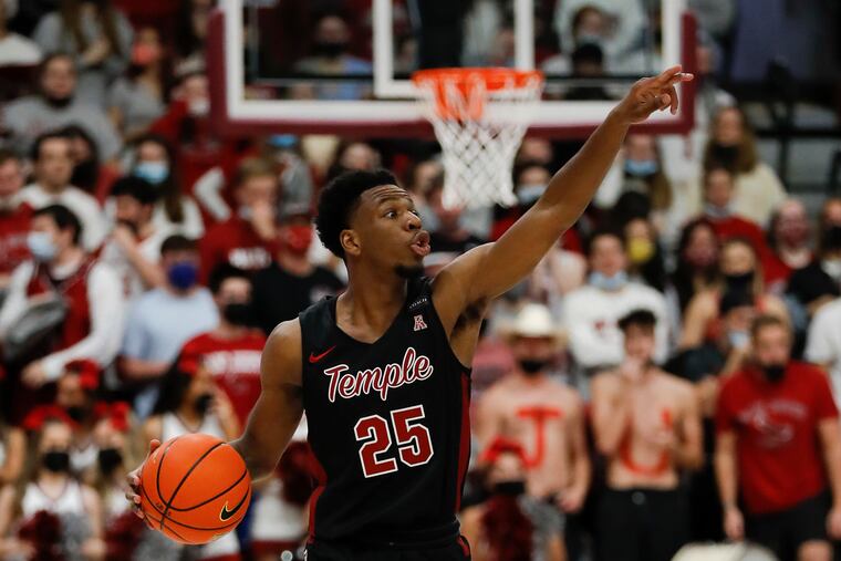 Temple guard Jeremiah Williams dribbles the basketball against Saint Joseph's on Saturday, December 11, 2021.