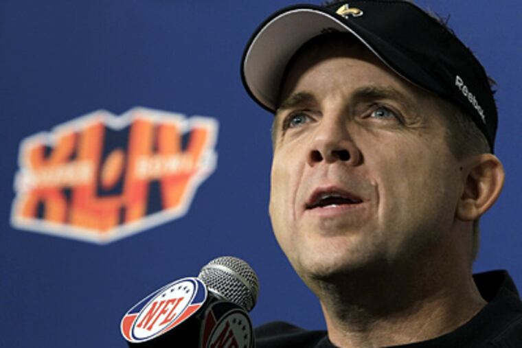 New Orleans Saints head coach Sean Payton answers questions at a Super Bowl news conference on Monday. (AP Photo/Mark Humphrey)