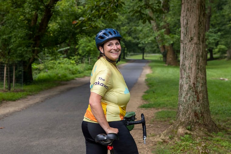Jennifer Weiner with her bike in Rock Creek Park in August, 2023. Photo for The Washington Post by Amanda Andrade-Rhoades