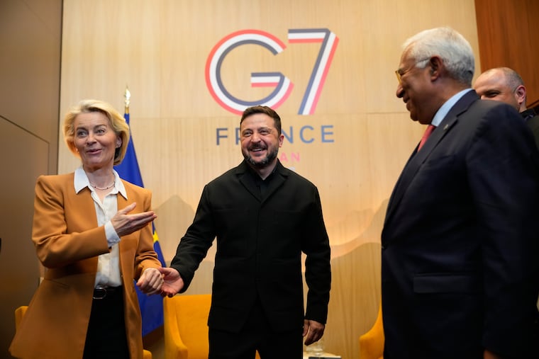 Ukrainian President Volodymyr Zelenskyy (center) meets with European Commission President Ursula von der Leyen (left) and European Council President Antonio Costa at the G7 summit in Evian-les-Bains, France, Tuesday, June 16, 2026.