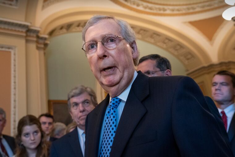 Senate Majority Leader Mitch McConnell, joined by his GOP leadership team, answers questions on Iran and the withdrawal of acting Defense Secretary Patrick Shanahan, during a news conference at the Capitol in Washington, Tuesday, June 18, 2019.