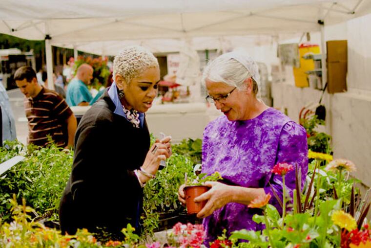 Darlene Richardson buys plants from Rhoda Martin (right), of Herbal Springs Farmstead in Ephrata, at the farmer's market at Thomas Jefferson University.