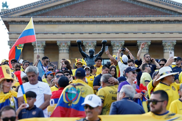 Ecuadorian soccer fans attend a flag waving event at the Philadelphia Museum of Art steps along the Benjamin Franklin Parkway, ahead of their first round World Cup match against the Ivory Coast, on Saturday, June 13, 2026.