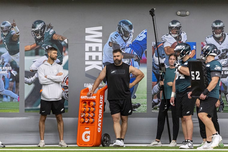 Jason Kelce (center) shown at the NovaCare Complex in May.