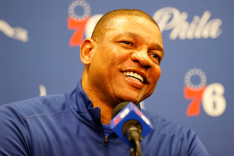 Sixers Head Coach Doc Rivers smiles while meeting with the media before the Sixers play the Oklahoma City Thunder on Friday, February 11, 2022 in Philadelphia.