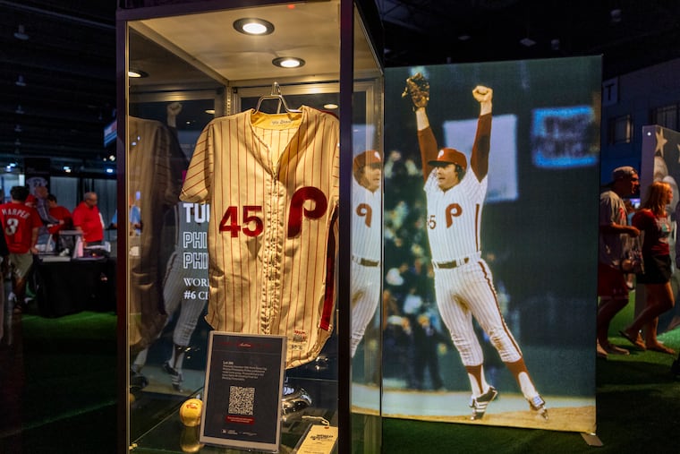 A vintage Tug McGraw World Series jersey is seen on display in the Hunt Auction section at the All-Star Village on Saturday.
